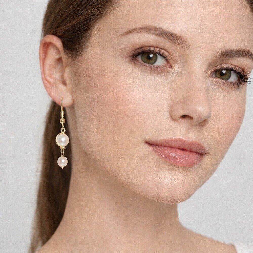 REIMAGINED Faux Glass Pearl Dangle Earrings Gold Tone Hypoallergenic Hooks